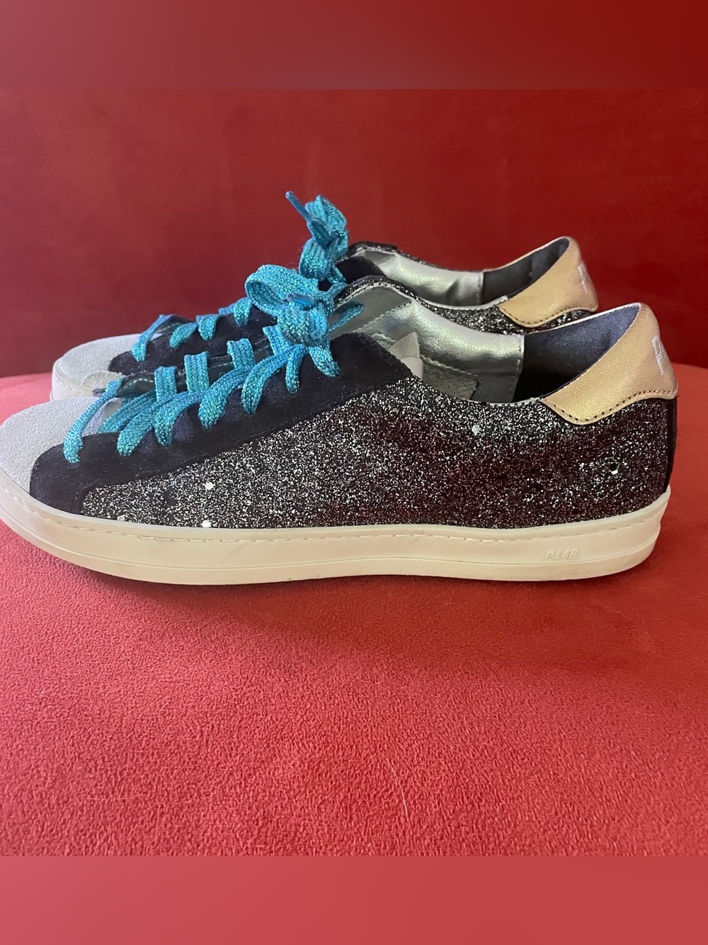 P448 John black glitter sneakers with blue glitter laces 38